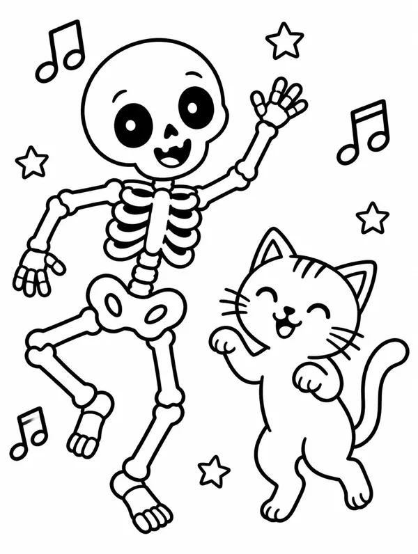 Dancing Skeleton & Cat Halloween coloring page
