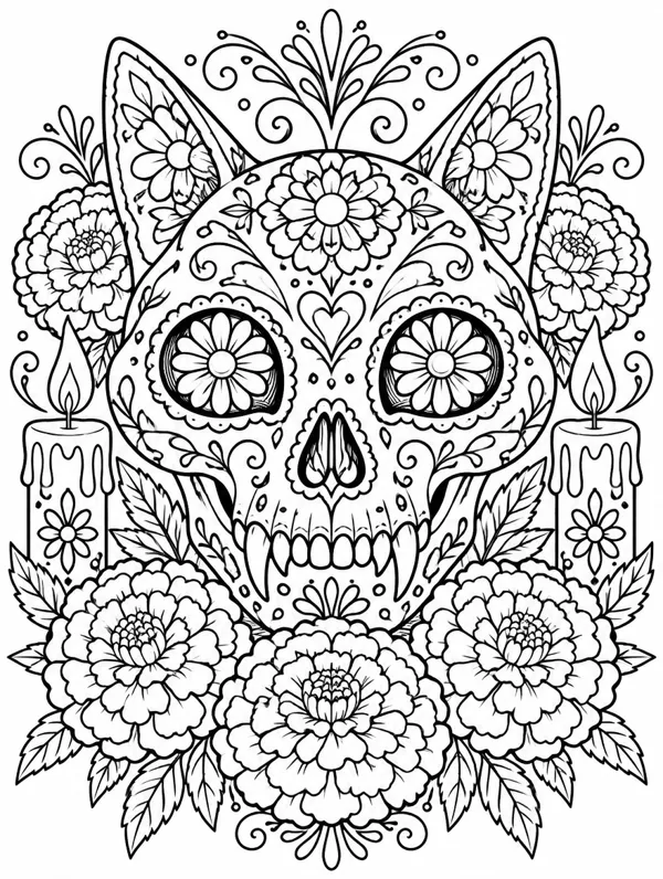 Floral Cat Skull Halloween coloring page