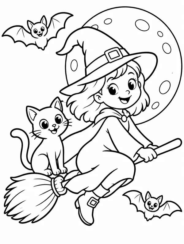 Friendly Flying Witch Halloween coloring page