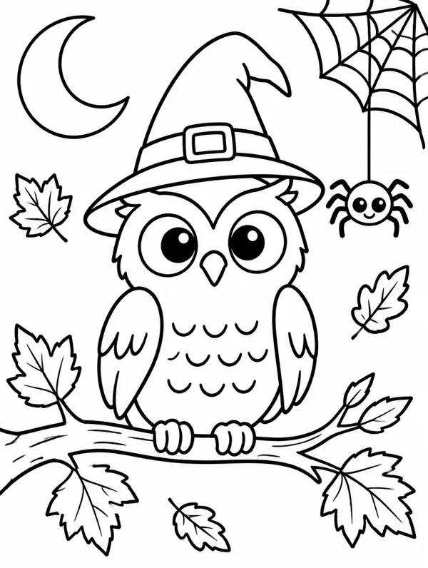 Owl in a Witch Hat Halloween coloring page