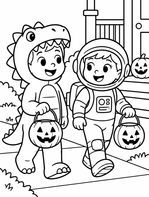 Trick-or-Treaters Halloween coloring page